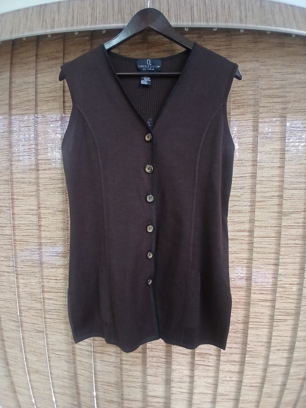 1990s Carole Little Dark Brown Sleeveless Button-Front Vest